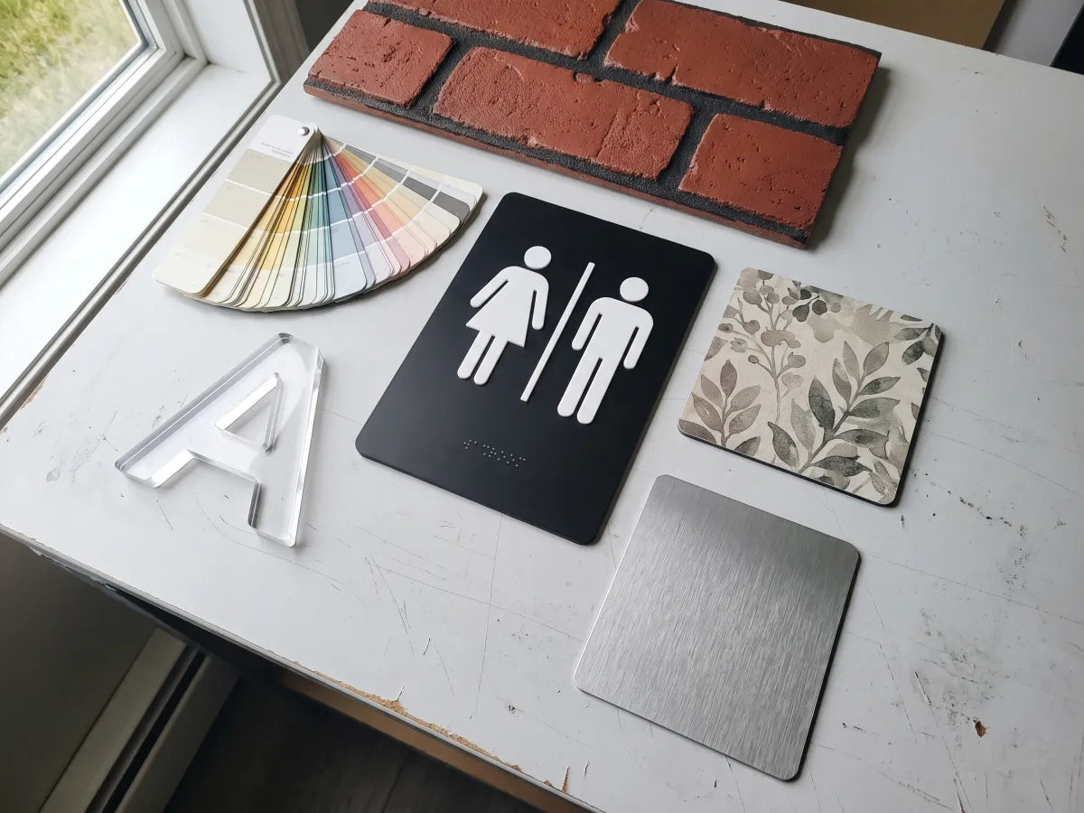 Illustration: sample kit on a worktable with a braille washroom sign, a faux brick panel, printed and metal chips, a clear acrylic letter and a colour fan