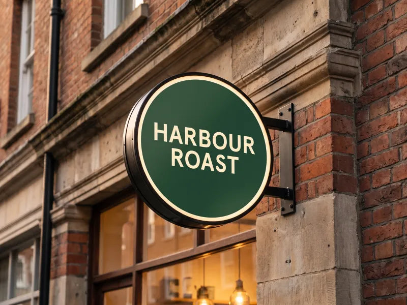Illustration: round green projecting sign reading HARBOUR ROAST on a black bracket