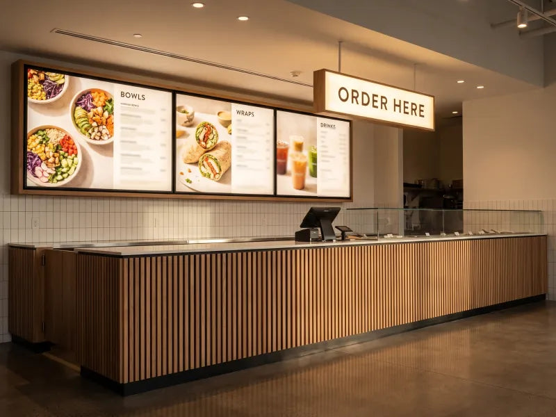 Illustration: three menu boards and a hanging ORDER HERE sign over a restaurant counter