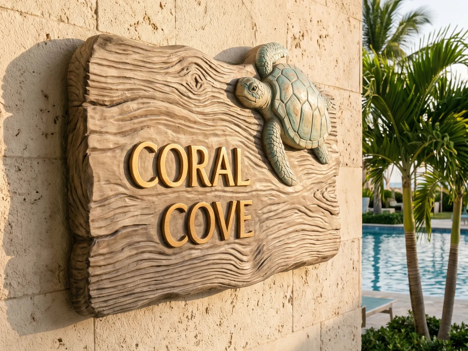 Illustration: carved and painted sign slab reading CORAL COVE with a sculpted sea turtle at a resort pool entrance