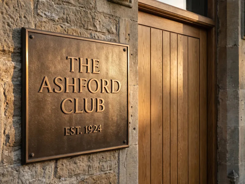 Illustration: bronze-finish plaque reading THE ASHFORD CLUB EST. 1924 on a stone wall