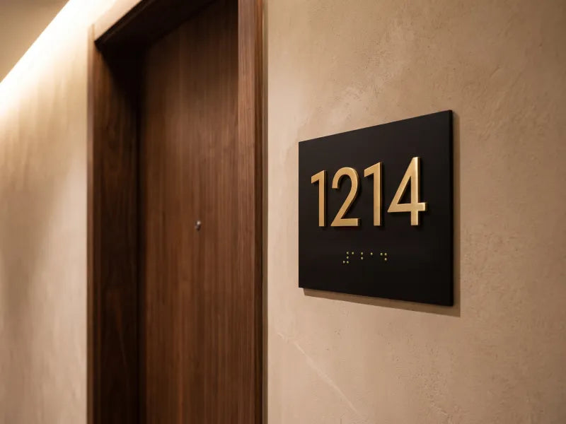Illustration: black room sign with raised brass numerals 1214 and braille beside a walnut door