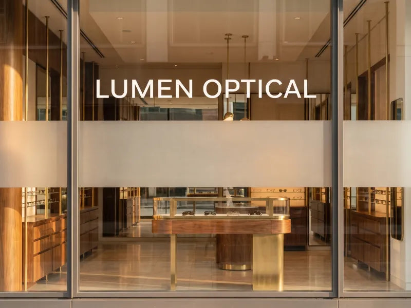 Illustration: frosted band and lettering reading LUMEN OPTICAL on a glass storefront