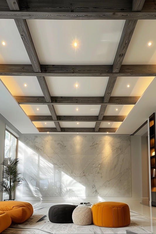 Faux wood beams in a dark stain on a coffered ceiling in a client's lounge