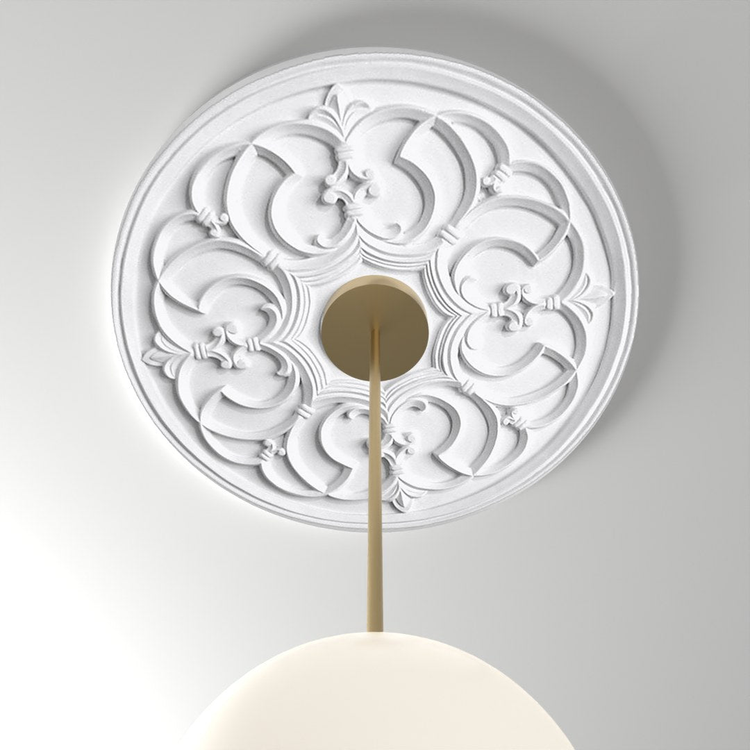 RM37596 ceiling medallion installed with pendant light