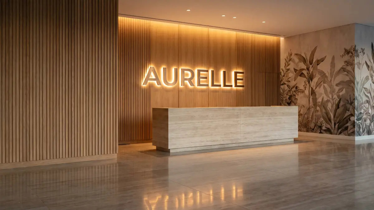 Illustration: hotel lobby with bronze dimensional letters reading AURELLE on a fluted oak wall above a travertine reception desk, beside a printed botanical mural wall