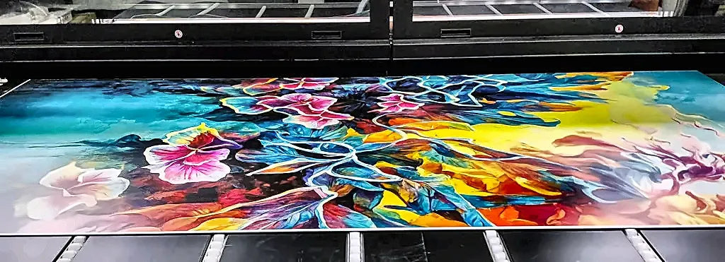 A floral artwork printing on panel on our UV printer bed