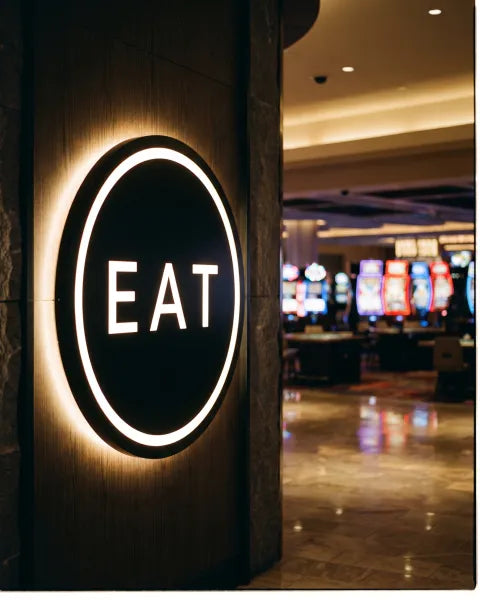 Illustration: round sign reading EAT at a casino restaurant entrance
