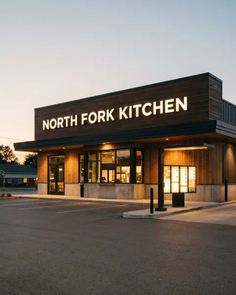 Illustration: restaurant at dusk with storefront letters reading NORTH FORK KITCHEN