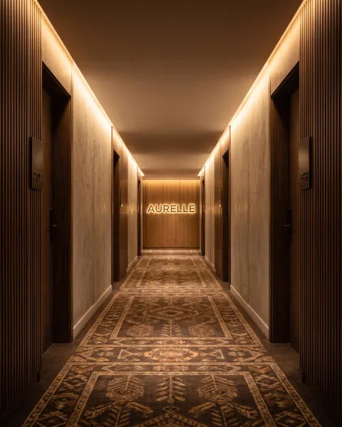 Illustration: luxury hotel corridor with matching room plaques