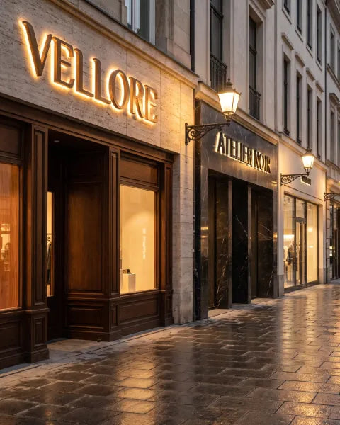 Illustration: luxury shopping street at dusk with dimensional letter signs