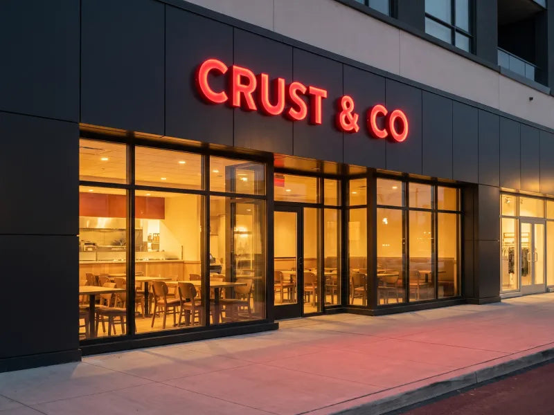 Illustration: red storefront letters reading CRUST & CO on a dark restaurant fascia