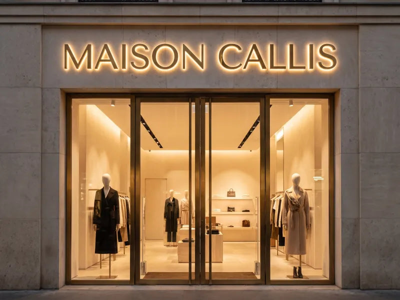 Illustration: brass dimensional letters reading MAISON CALLIS on a limestone boutique facade