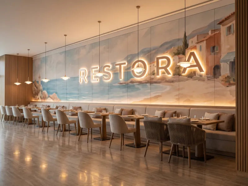Illustration: painted coastline mural wall with dimensional letters reading RESTORA above banquette seating